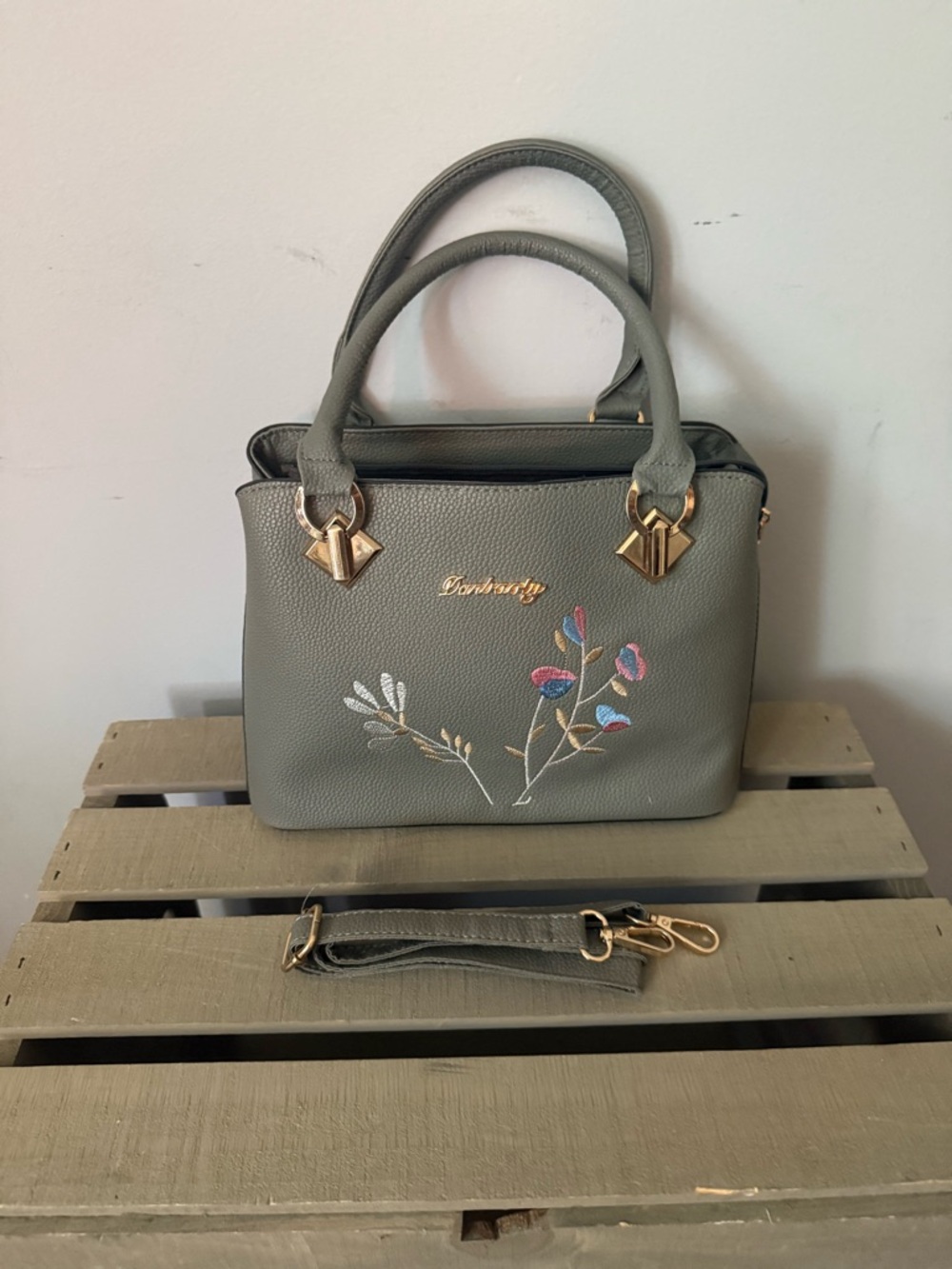 Embroidered Floral Top-Handle Satchel in Gray by